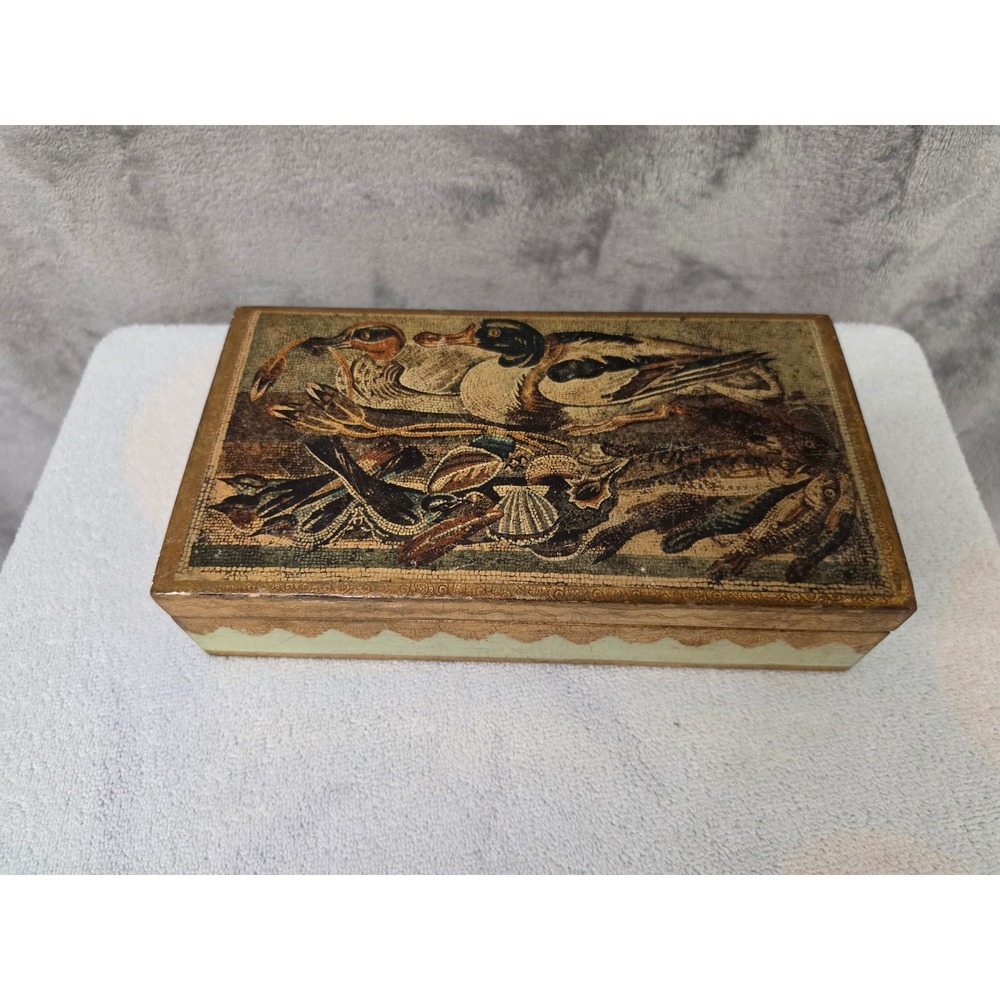 Vintage Italian Florentine Gold Gilt Wood Box Mosaic Duck Fish Lithograph Italy